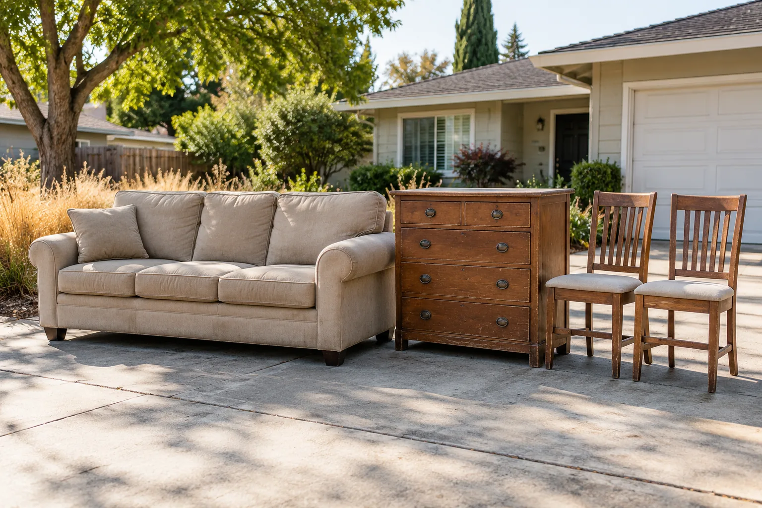 Used sofa, wooden dresser, and dining chairs on a driveway
