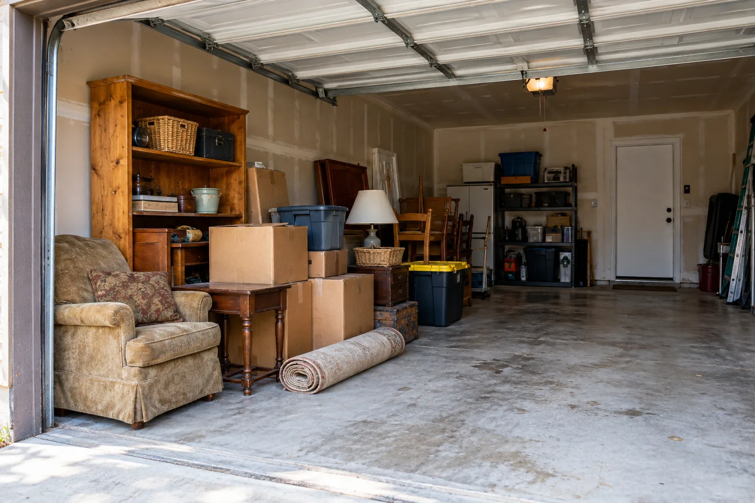 Old furniture, boxes, and storage tubs in a garage
